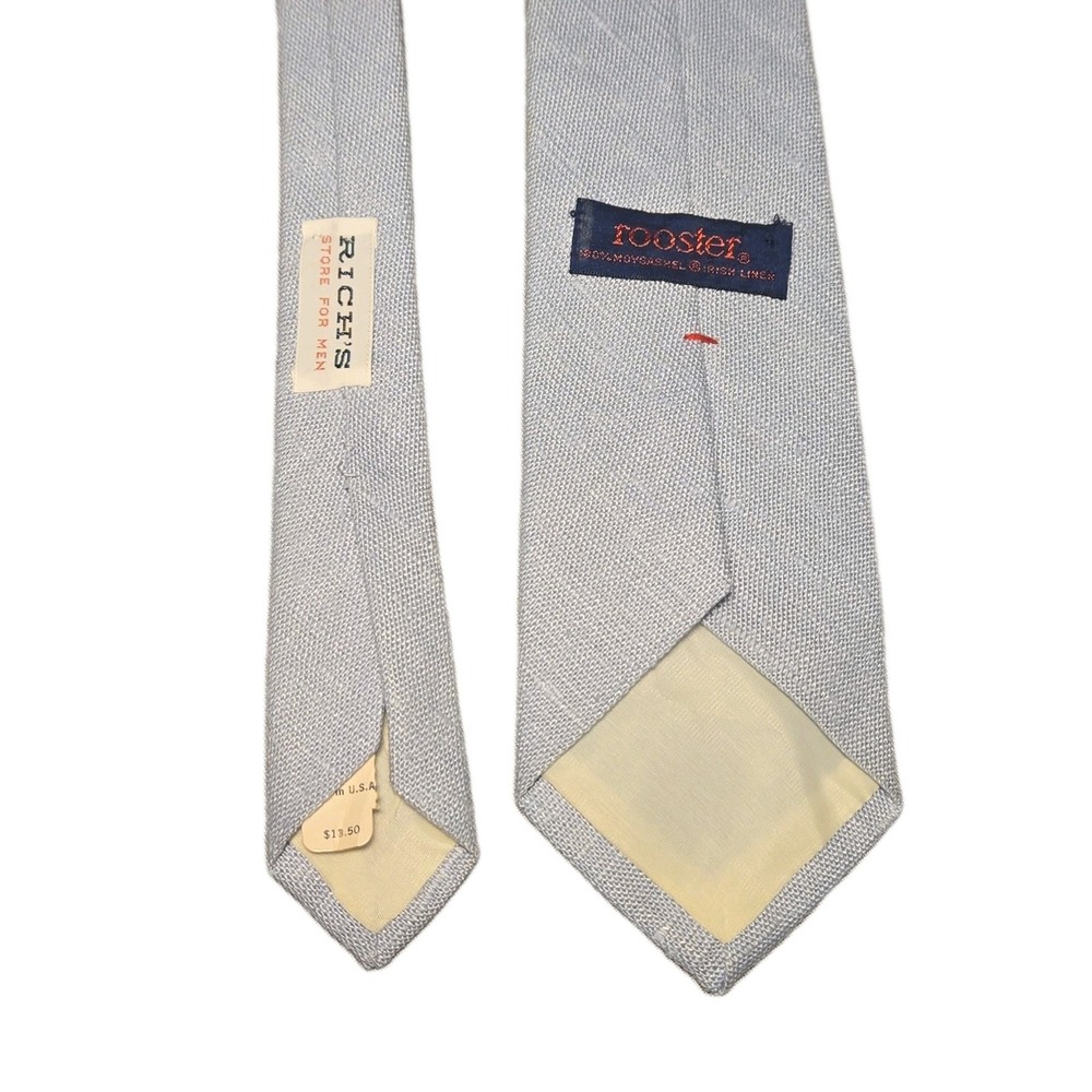 Vintage Rooster Tie Mens Light Blue Moygashel 100% Irish Linen Richs Necktie NOS